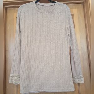 Beige Ribbed Long Sleeve Top with Lace Cuffs